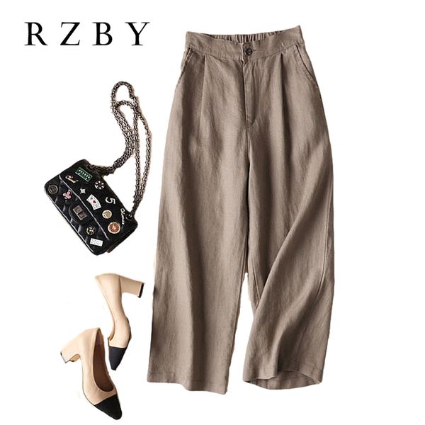 

summer women casual linen wide leg pant ankle-length loose vintage elastic waist aesthetic style pantalon femme rzby262 210319, Black;white