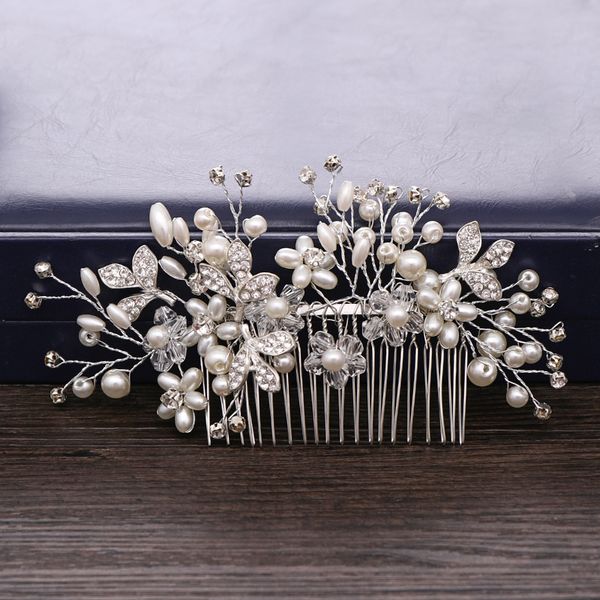 

trendy silver color flower pearl hair combs wedding hair accessories bridal headpiece hair ornaments bride women jewelrydio chan contac, Golden;white