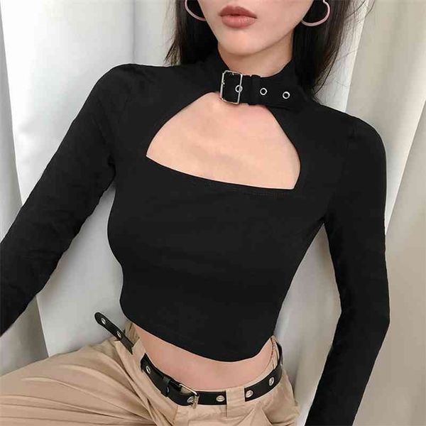 Lossky Donna Manica lunga Sexy Top corto Vogue Nero Gotico Colletto girocollo Streetwear Fibbia in metallo T-shirt corta Abbigliamento vegano 210324