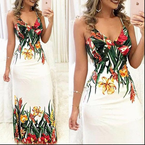 

summer boho floral printed fashion women dresses sleeveless party evening long maxi dress bandage v neck bodycon, Black;gray