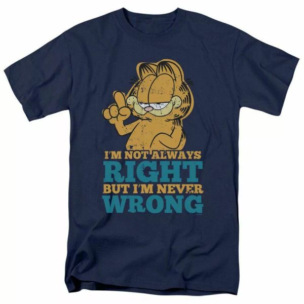 

garfield never wrong t shirt mens licensed cat jim davis comic tee navy, White;black