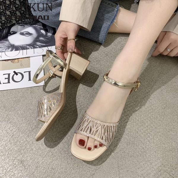 

metal square heel women sandals shoes gold sliver peep toe party ladies 2021 summer woman, Black