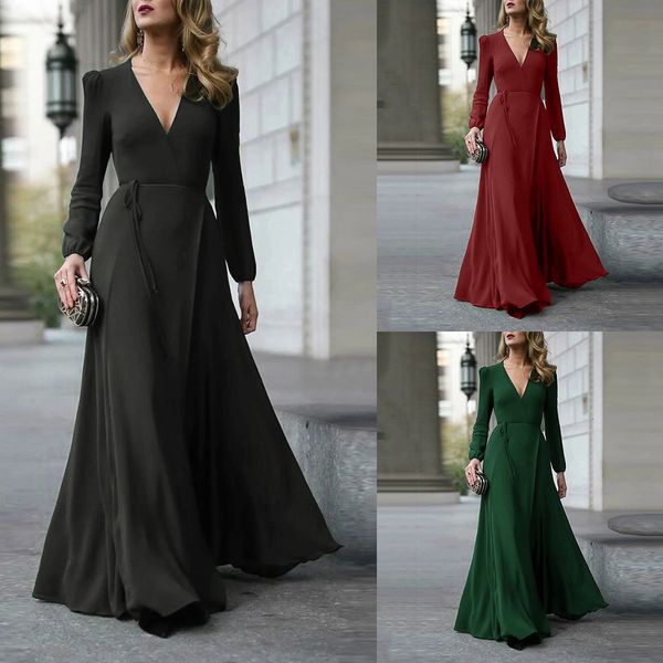 

dress summer es women long vintage office lady women's solid color v-neck lace up ladies black keso, Black;gray