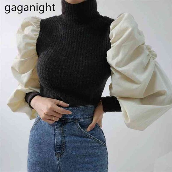 

fashion women patchwork sweater autumn winter turtleneck s chic korean pull femme vintage christmas 210601, White