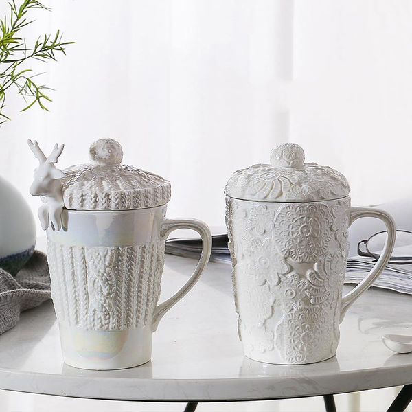 

european ceramic mug with spoon and lid luxury pearl glaze hand carved elk afternoon tea couple cup valentine day wedding gift mugs