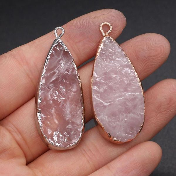 

charms natural stone pendants drop shaped rose quartzs necklace pendant for diy jewelry making good quality size 19x45 mm, Bronze;silver