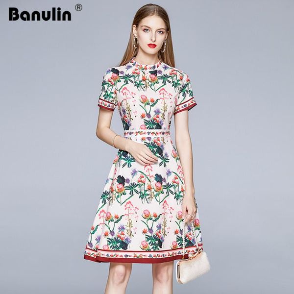 

casual dresses banulin designer runway women stand neck floral print short sleeve elegant holiday boho vestidos robe, Black;gray
