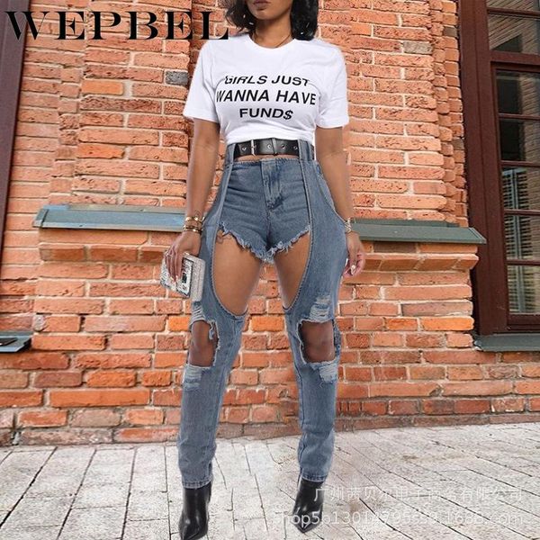 

mandylandy women vintage hole jeans lady high waist straight long denim pants ripped trousers women's, Blue