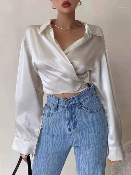 

women's blouses & shirts 2021 summer long sleeve white blouse women v-neck streetwear strappy shirt loose-fitting solid design 15602