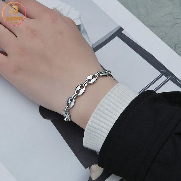 

link, chain akizoom punk bangles buckle stainless steel thick 2 color hand bracelets for women charm party jewelry gift, Black
