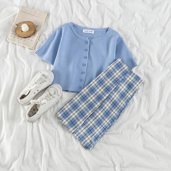 

girls plaid skirt two piece] womenpant piece summer high waist slim short button navel a line, White