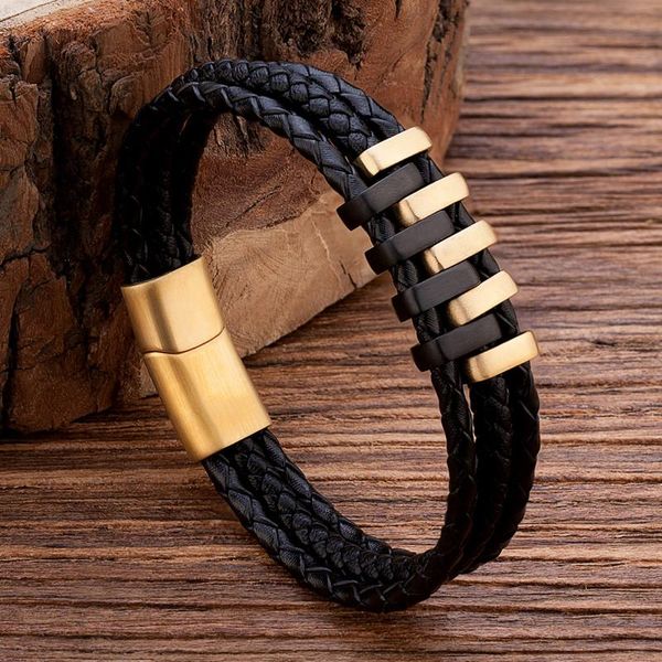 

charm bracelets tangyin cool punk black gold stainless steel magnetic button design genuine leather bracelet for men fashion bangles male gi, Golden;silver