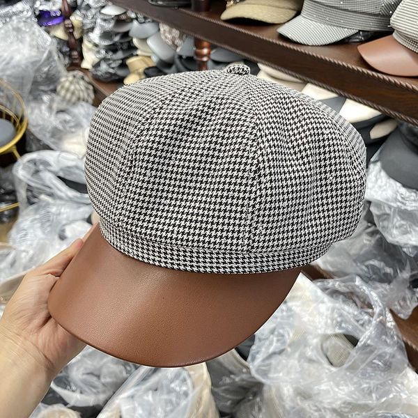 

stingy brim hats 202109-yy autumn retro classic style houndstooth patchwork pu lady octagonal hat men women visors cap, Blue;gray