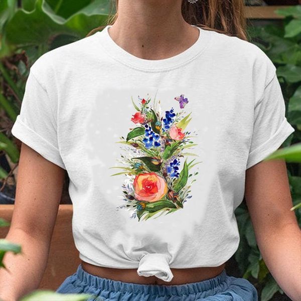 

graphic floral flower fashion womens t shirts watercolor butterfly 90s spring summer print female lady clothes tees shirt, White