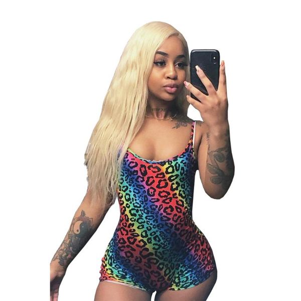 

women rainbow print leopard bodysuits summer backless strap sleeveless bodycon short skinny romper casual bodysuit women's jumpsuits &, Black;white