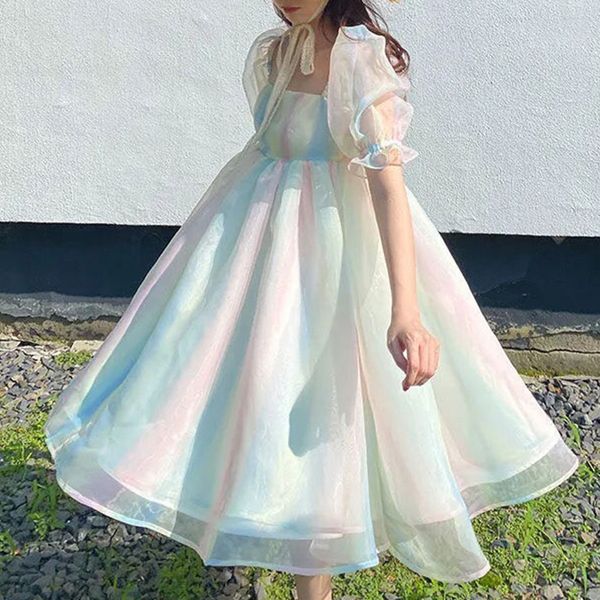 

summer rainbow sweet fairy party dresses women korean a-line off the should elegant midi dress chic gauze beach outing 2021 apparel, White;black