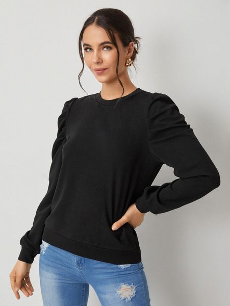 

solid puff sleeve pullover f0jh#, White;black