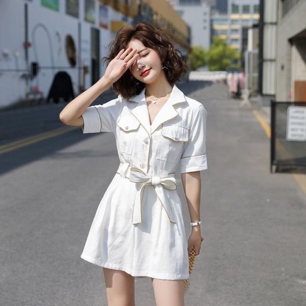 

women's two piece pants short sleeve jumpsuit playsuit for women 2021 summer buttons belt safari style elegance woman ladies casual rom, White