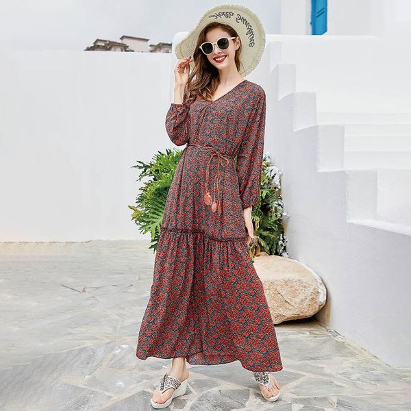 

casual dresses fridayin autumn women boho 100kg can wear fashion french elegant plus size loose red printed long-sleeved v-neck daily dress, Black;gray
