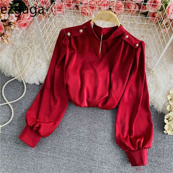Ezgaga Office Lady Элегантные рубашки Весна Корейская универсальная атласная блузка с длинным рукавом Холтер с v-образным вырезом Однотонная модная блузка Женские топы 210430
