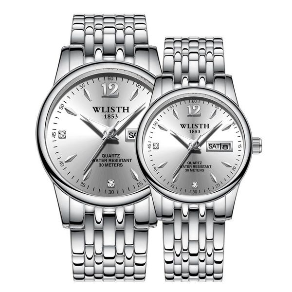 

wristwatches wlith couple watch stainless steel waterproof dual calendar luminous men's and women's assistir casal, Slivery;brown