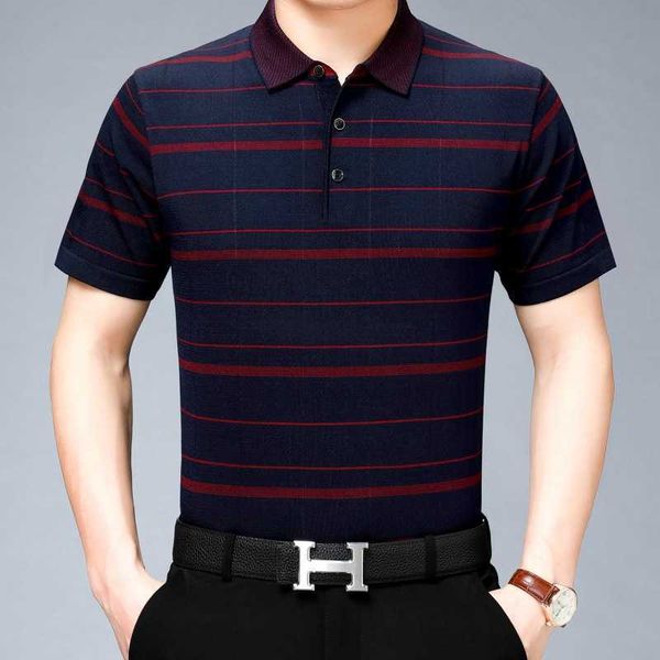 

lapel summer striped t-shirt for middle-aged and old dad's casual men's short sleev