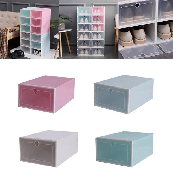 Abbigliamento Armadio Storage 1pc Scatola per scarpe trasparente pieghevole Organizzatore per scarpe impilabile in plastica Colore solido per la casa Trasparente