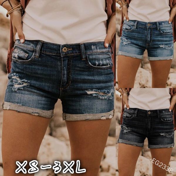 

women's jeans wepbel women holes slim shorts high waist denim ripped button vintage summer fashion, Blue