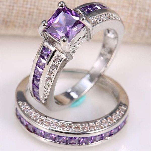 

wedding rings 2pcs square faux amethyst rhinestone inlaid ring women band princess jewelry, Slivery;golden
