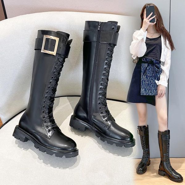 

boots qicius square buckle side zipper high women's 2021 leather knight belt but knee, Black