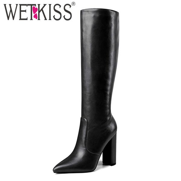 

wetkiss spike heel knee boots women pointed toe pu leather zip shoes keep warm autumn winter boots block high heel big size 43 210630, Black