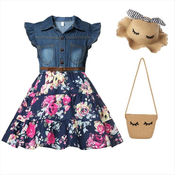 

toddler baby girl sleeveless floral dresses print clothing girls beach clothes denim belt princess, Red;yellow