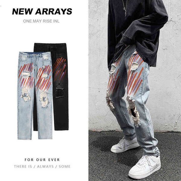 

jeans men's 2021 autumn fashion brand high street youth hole pants ins large, Blue