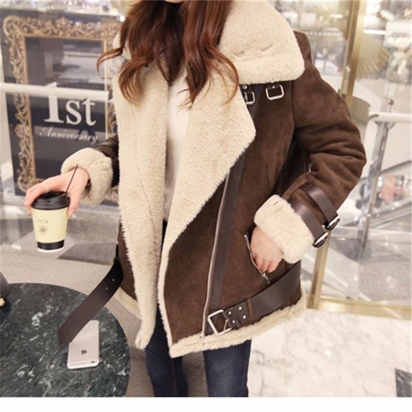 

women's & faux leather winter high -quality suede lamb keep warm wool motorcycle lapels coat female thicker jacket women, Black