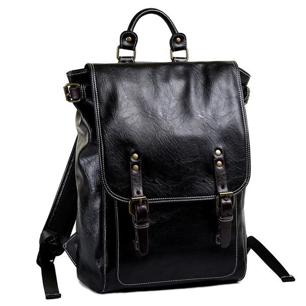 

backpack laoksi men brand leather man with buckle belt daypack bag front pocket travel casual school laptop