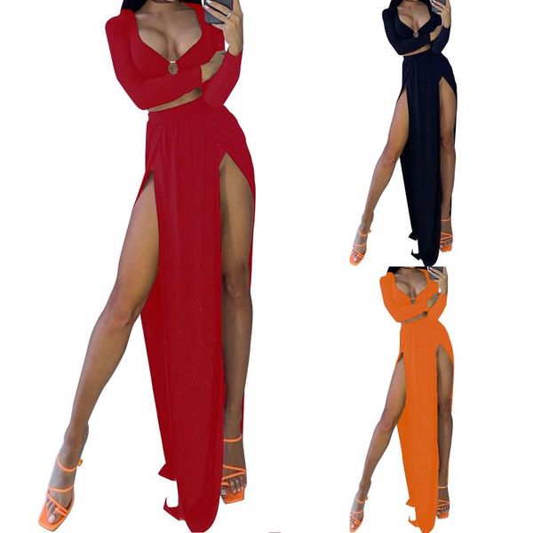 

women's swimwear 2021 women two-piece clothes set, solid color deep v-neck long sleeve crop and slit skit, White;black