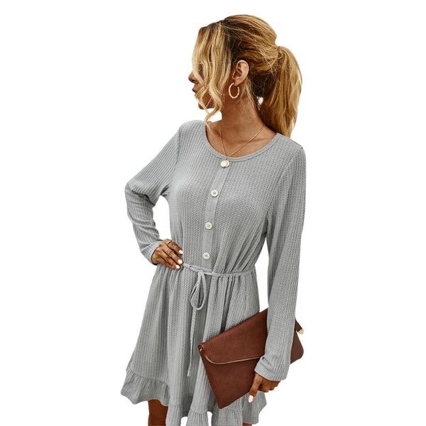 

casual dresses donsignet fashion women's dress round neck pullover solid color buttons ruffled knitted long-sleeved, Black;gray