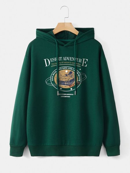 

men car & slogan graphic drop shoulder drawstring hoodie a09x#, Black