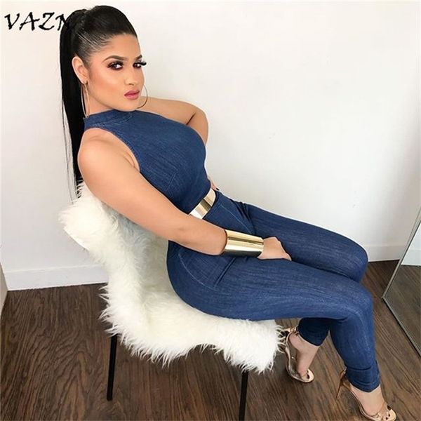 

vazn arrive famous brand women casual denim jumpsuits halter sleeveless strapless bodycon denim rompers d8102, Black;white