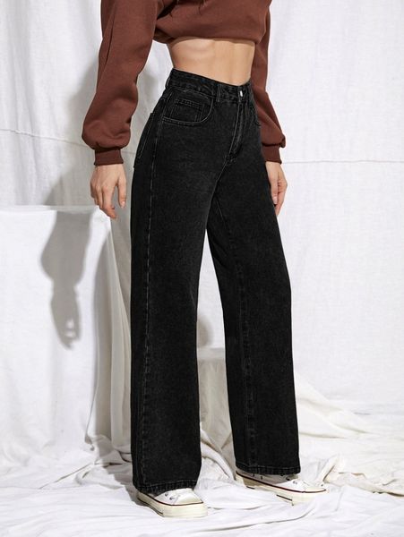 

high waist straight leg jeans 35p4#, Blue