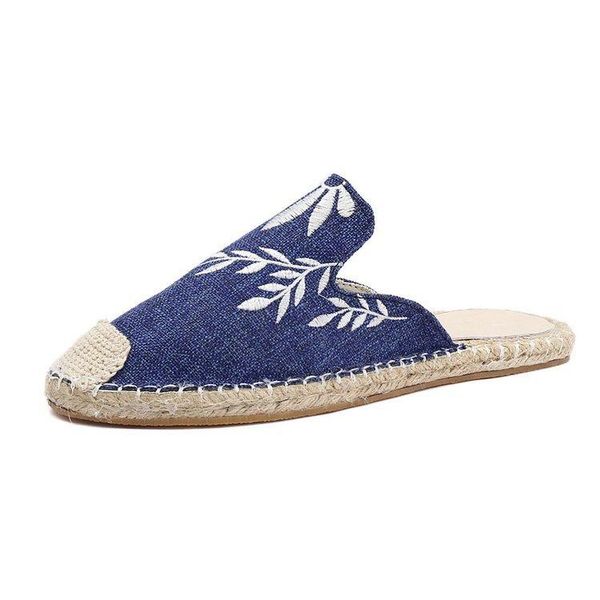 

summer and autumn korean round head wrapped rope woven embroidered fisherman's shoes lazy half slippers, Black