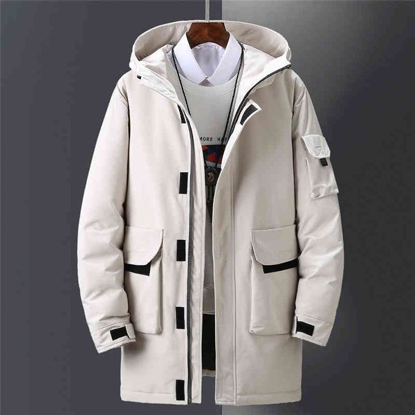 

down -25 men degree jacket winter thick warm parkas mid-long coat hooded casual slim white duck windbreaker overcoat, Black