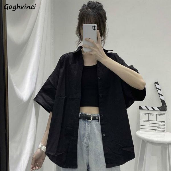 

women's blouses & shirts women solid single breasted turn-down collar harajuku simple casual loose all-match retro chic korean female, White