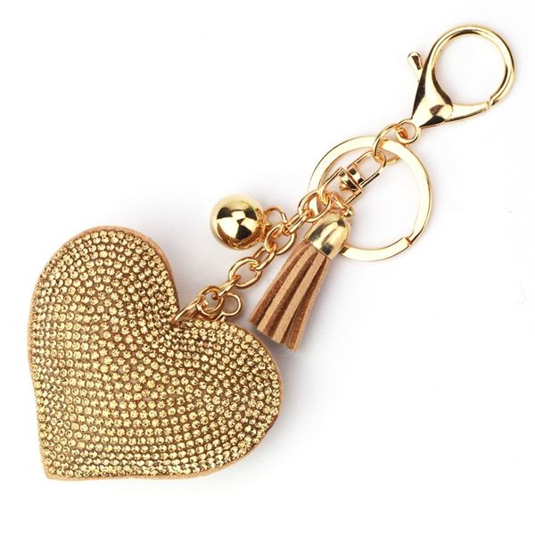 

girl women gift jewelry key chain holder crystal rhinestone love heart shape leather tassel keyring handbag accessories keychain, Slivery;golden