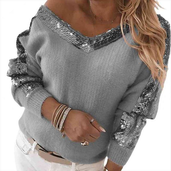 

autumn winter women shirt v neck long sleeve sweater sequins one shouldered blouse female thick casual streetwear, White