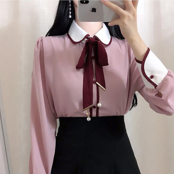 

stitching womens shirts chiffon blouse korean casual clothing women fashion long sleeve shirt drop, White
