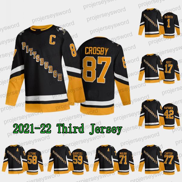 

2021-22 pittsburgh penguins 87 sidney crosby third jersey black 17 bryan rust 42 kasperi kapanen 58 kris letang 59 jake guentzel 71 evgeni m, Black;red