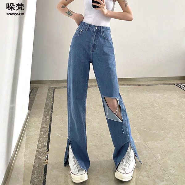 

women's jeans duofan y2k ripped for women vintage streetwear high waisted bagg loose chain decoration blue denim trousers woman