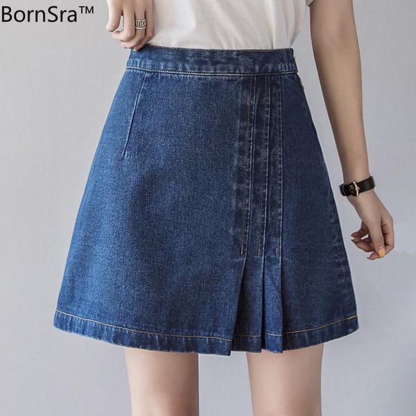 

skirts bornsra summer denim women korean high waist pleated a-line vintage slim mini jeans zipper button harajuku, Black