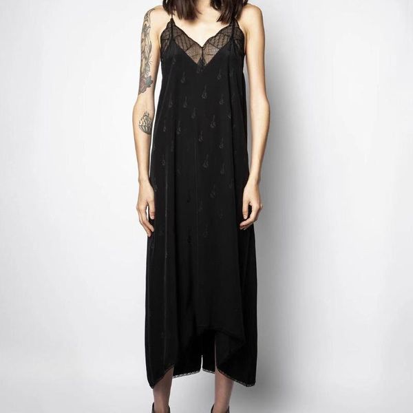 

100% silk jacquard women sling dress lace stitching lady midi heavy industry suspender casual dresses, Black;gray